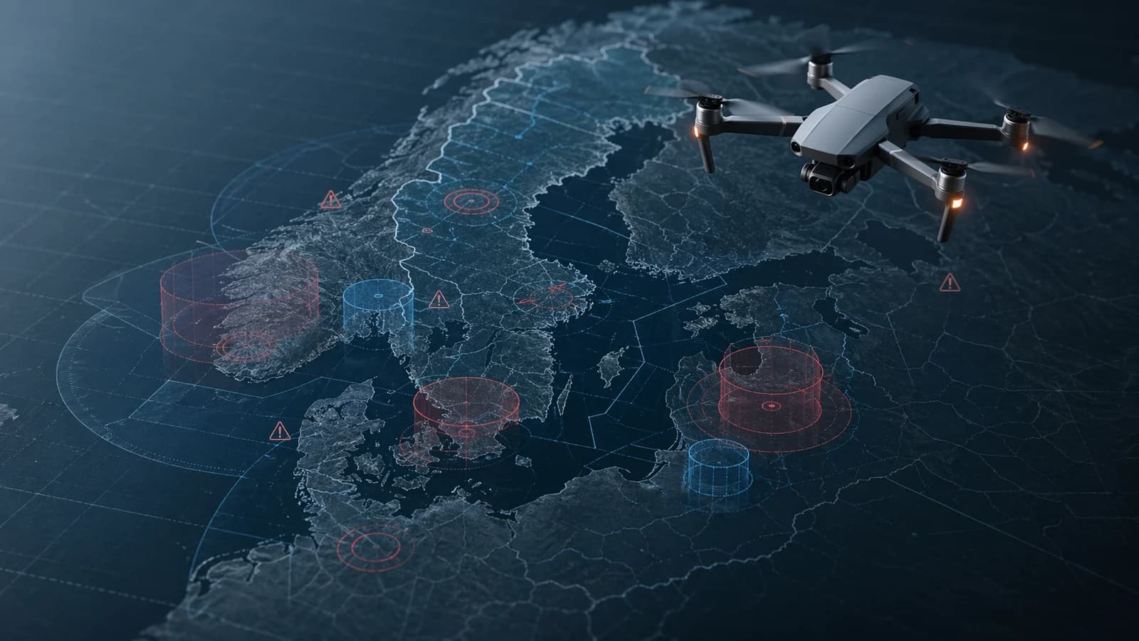 Drönare över en digital karta med flygzoner i Sverige
